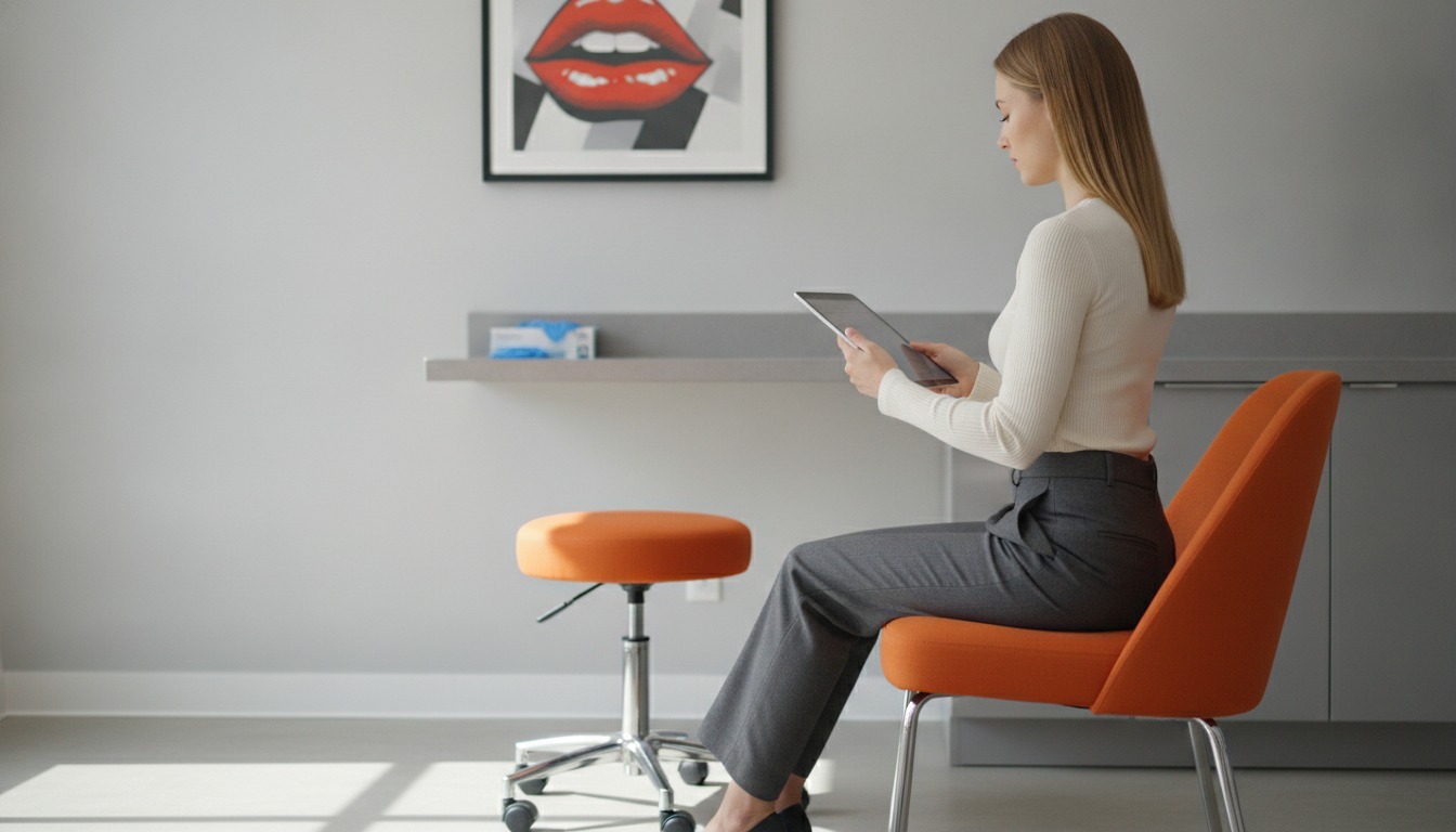 A woman in a fitted knit top seated on an orange exam chair in a grey consultation room with lip art on the wall, looking at a tablet held at an angle. Illustrative image, not a patient. Frank Agullo, MD, FACS, El Paso, Texas.