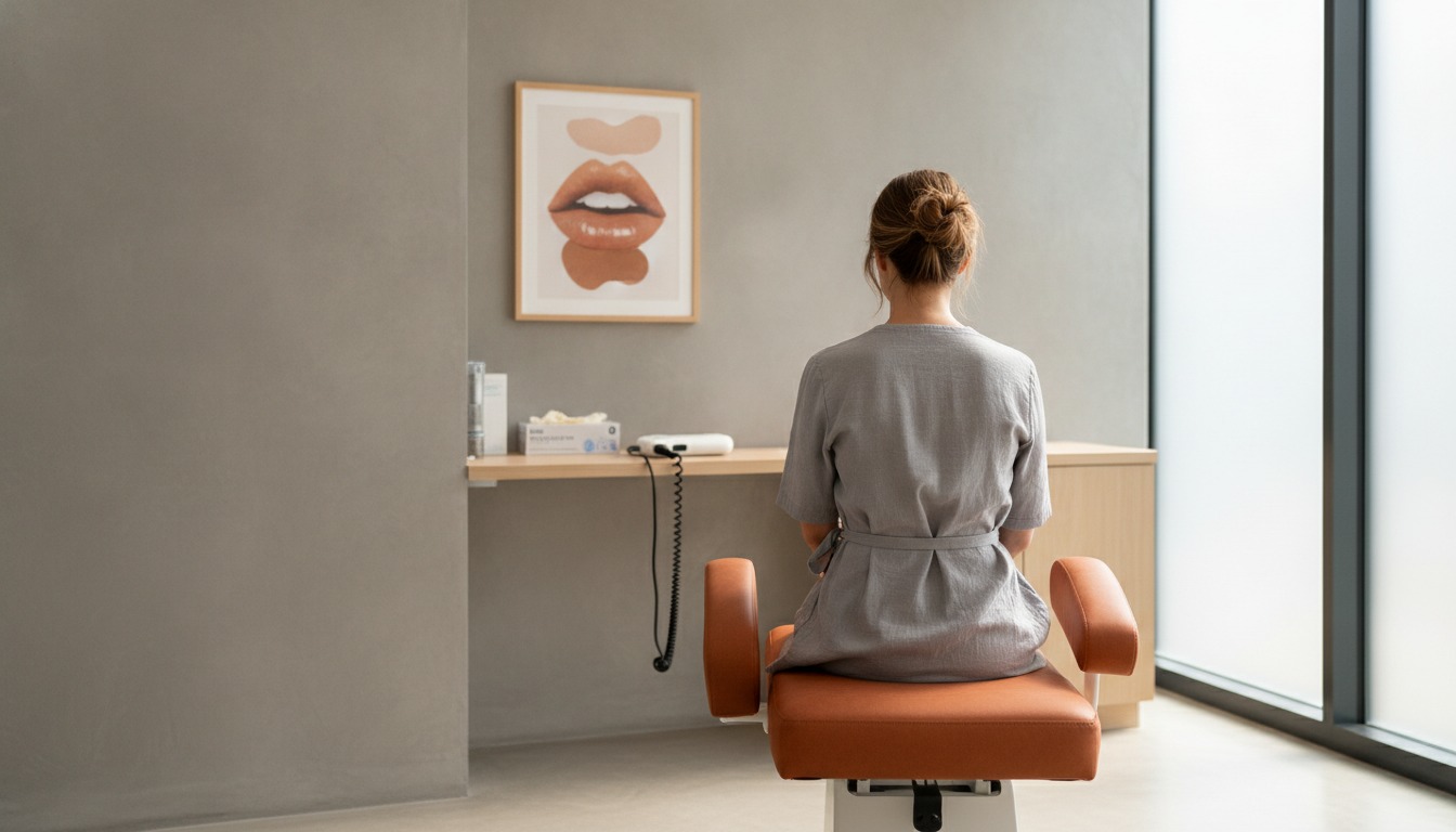 A plastic surgery consultation room with grey walls, an orange exam chair and a framed lip art print; a woman in a soft grey wrap top seated from behind, a compact ultrasound probe resting on the counter beside a box of gloves, face not visible. Illustrative image, not a patient. Frank Agullo, MD, FACS, El Paso, Texas.