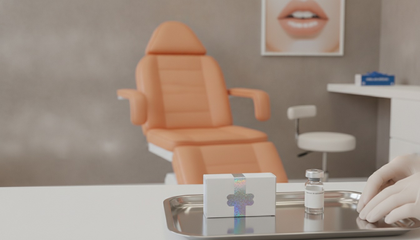 A sealed pharmaceutical box with a holographic seal and one small glass vial on a steel tray in a grey consultation room with an orange exam chair and lip art on the wall. Illustrative image, generated, not a real product and not a patient. Frank Agullo, MD, FACS, El Paso, Texas.