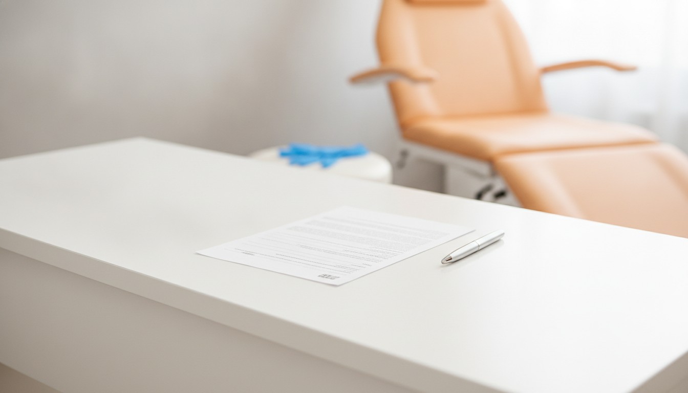 A bright consultation desk with a printed fee sheet lying at an angle, its text out of focus and unreadable, a pen beside it, and an orange exam chair softly blurred in the grey-walled room behind, no people. Illustrative image, not a patient. Frank Agullo, MD, FACS, El Paso, Texas.