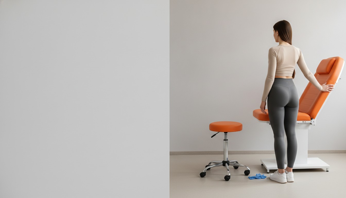 A person in fitted athletic clothing standing in a bright grey exam room beside an orange exam chair, seen from behind, one hand resting on the chair back, a stool and blue gloves nearby, face turned away. Illustrative image, not a patient. Frank Agullo, MD, FACS, El Paso, Texas.