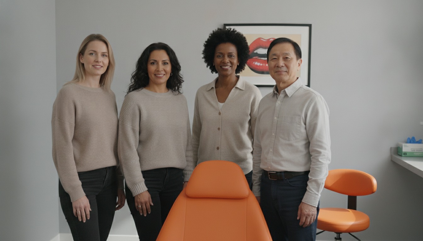 Four people of different backgrounds, three women and a man, standing together in a bright grey-walled consultation room beside an orange exam chair, faces shown and rested. Illustrative image, not patients. Frank Agullo, MD, FACS, El Paso, Texas.