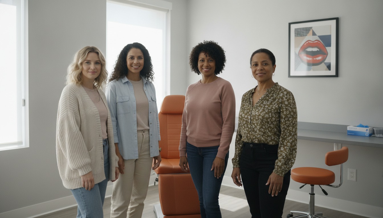 Four people of different backgrounds standing together in a bright grey-walled consultation room beside an orange exam chair, faces shown, relaxed. Illustrative image, not patients. Frank Agullo, MD, FACS, El Paso, Texas.
