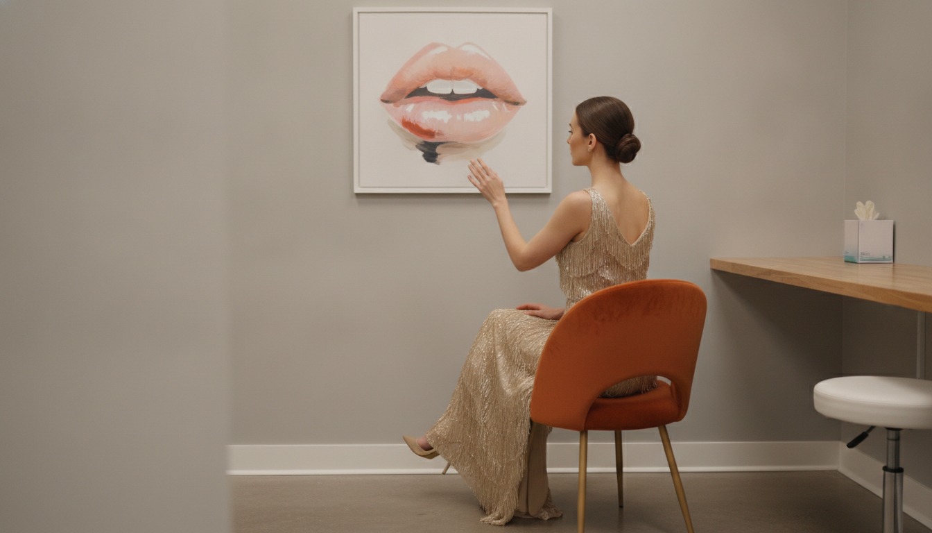 A woman in a sleeveless gold fringe dress seen from behind on an orange exam chair in a grey consultation room with a framed lip art print, one arm raised, face not visible. Illustrative image, not a patient. Frank Agullo, MD, FACS, El Paso, Texas.