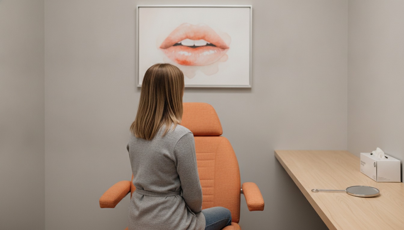 A plastic surgery consultation room with grey walls, an orange exam chair and a framed lip art print; a woman in a soft grey wrap top seated from behind, a hand mirror face down on the counter beside a box of gloves, face not visible. Illustrative image, not a patient. Frank Agullo, MD, FACS, El Paso, Texas.