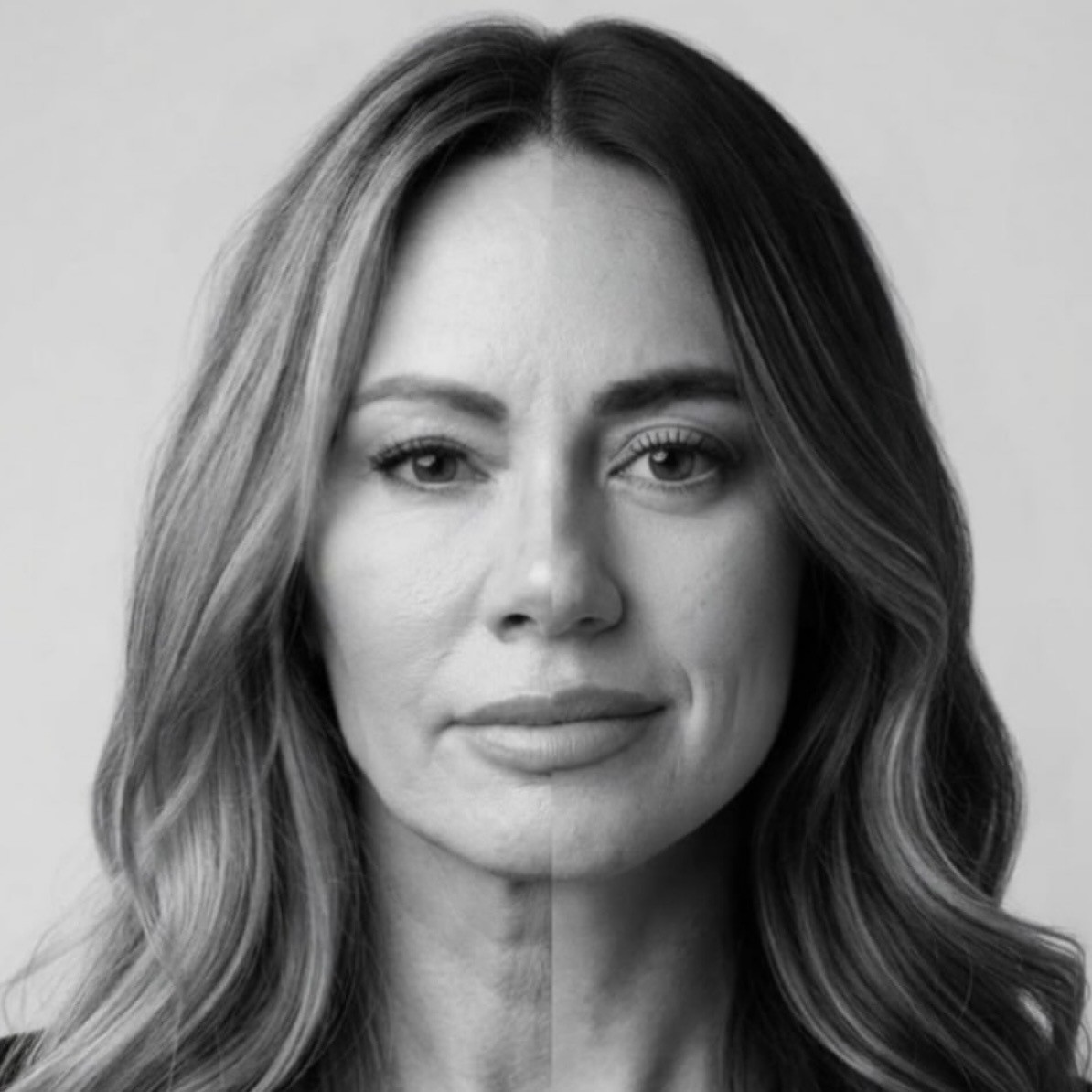 Black and white composite portrait joining half of a mother's face and half of her daughter's face down the midline, both with long wavy hair. The mother had a facelift with Frank Agullo, MD, FACS almost ten years earlier. Shared with permission.
