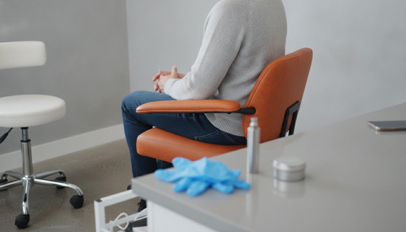 A person seated on an orange exam chair in a bright grey consultation room, hands folded, with a vape pen and a small plain tin set aside on the counter beside blue gloves. Illustrative image, not a patient. Frank Agullo, MD, FACS, El Paso, Texas.