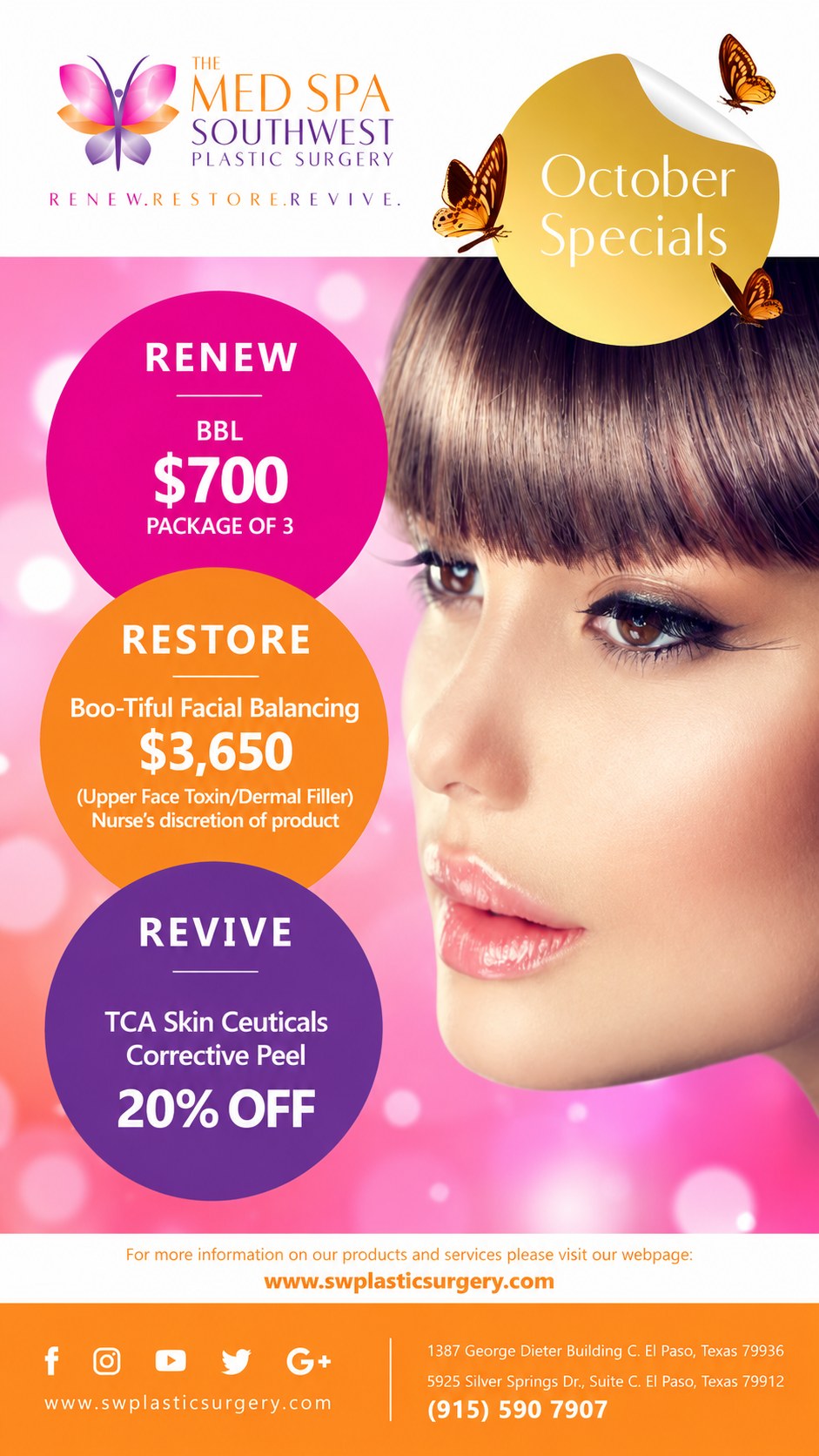 October Med Spa Specials at The Med Spa at Southwest Plastic Surgery East and West, El Paso Texas, supervised by Frank Agullo MD FACS, double board-certified plastic surgeon