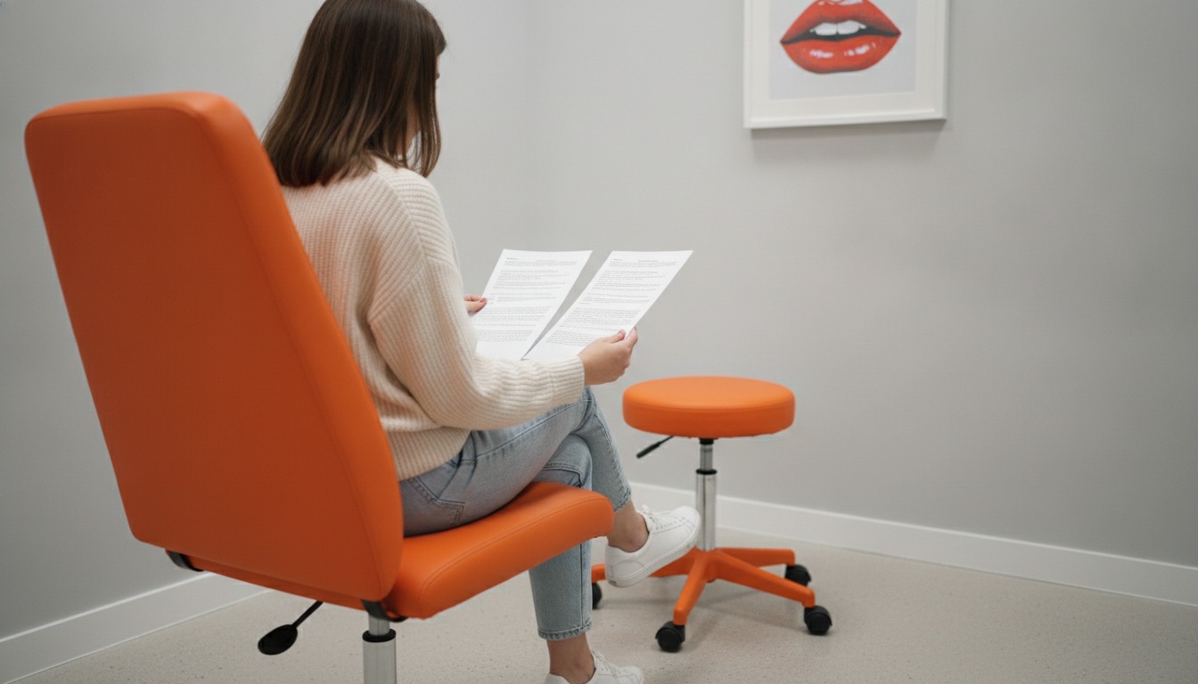A woman seated on an orange exam chair in a grey consultation room with lip art on the wall, comparing two printed liposuction quotes. Illustrative image, not a patient. Frank Agullo, MD, FACS, El Paso, Texas.