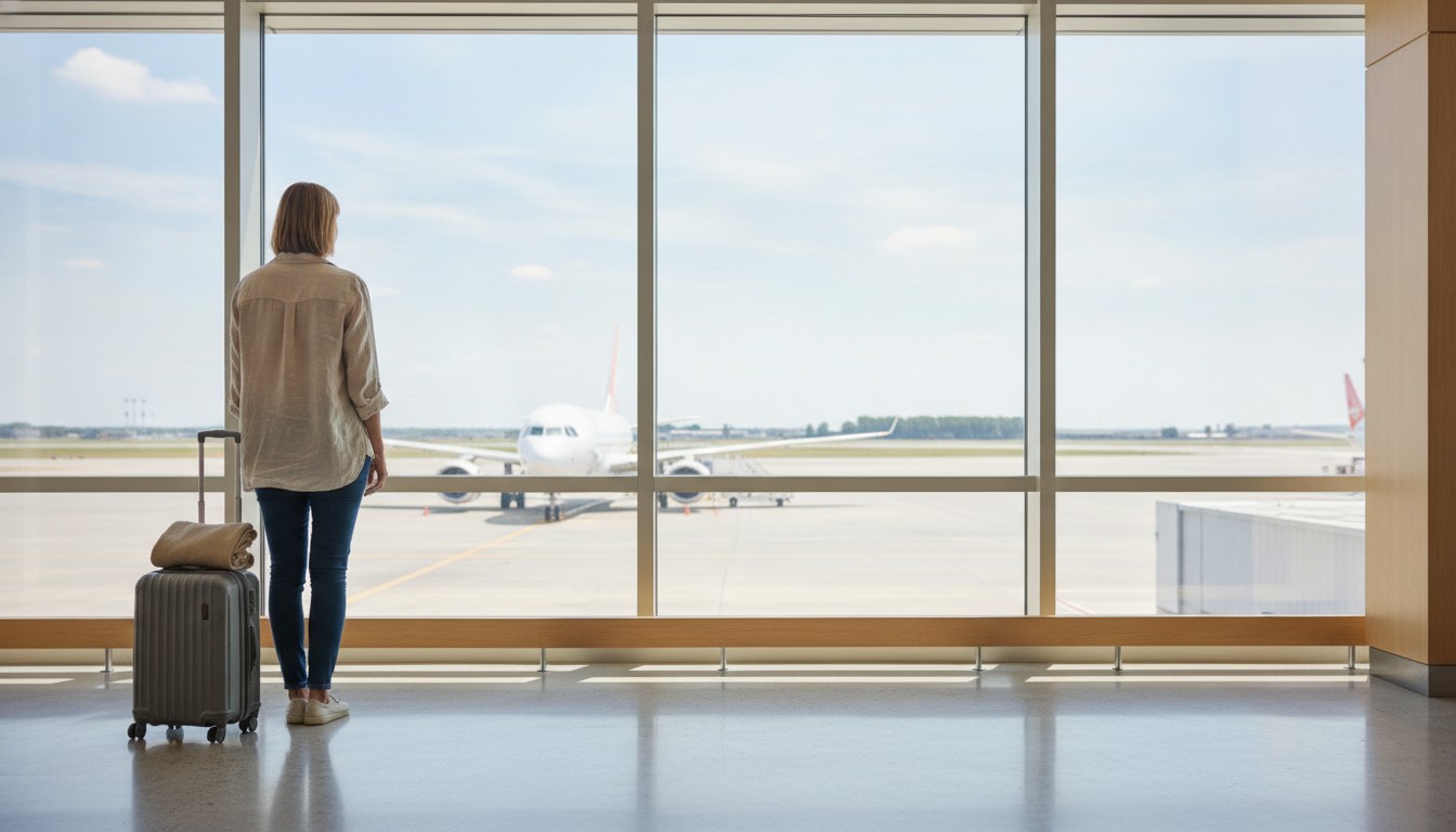 A traveler seen from behind at a bright airport gate window, carry-on bag at their side and a folded compression garment resting on top of it, planes on the tarmac in daylight, face not visible. Illustrative image, not a patient. Frank Agullo, MD, FACS, El Paso, Texas.