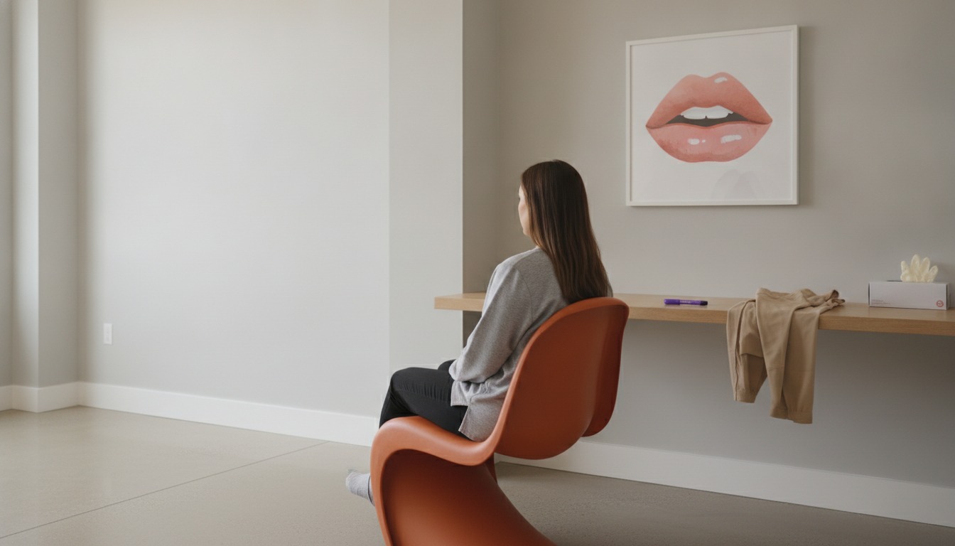 A plastic surgery consultation room with an orange exam chair, grey walls and a framed lip art print, a patient in a soft grey top seated from behind, a surgical marker and a folded compression garment on the counter beside the gloves, face not visible. Illustrative image, not a patient. Frank Agullo, MD, FACS, El Paso, Texas.