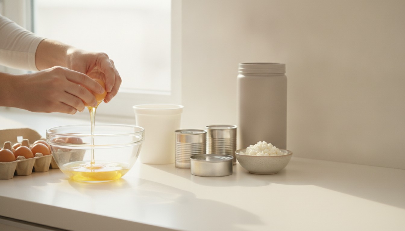 Hands cracking an egg over a bowl on a bright white kitchen counter beside Greek yogurt, canned fish and a plain unlabeled container, no face in frame. Illustrative image, not a patient. Frank Agullo, MD, FACS, El Paso, Texas.